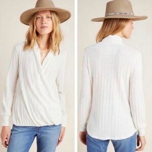 Anthropologie Maeve Ivory Textured Wrap Top Colette Ribbed Long Sleeve